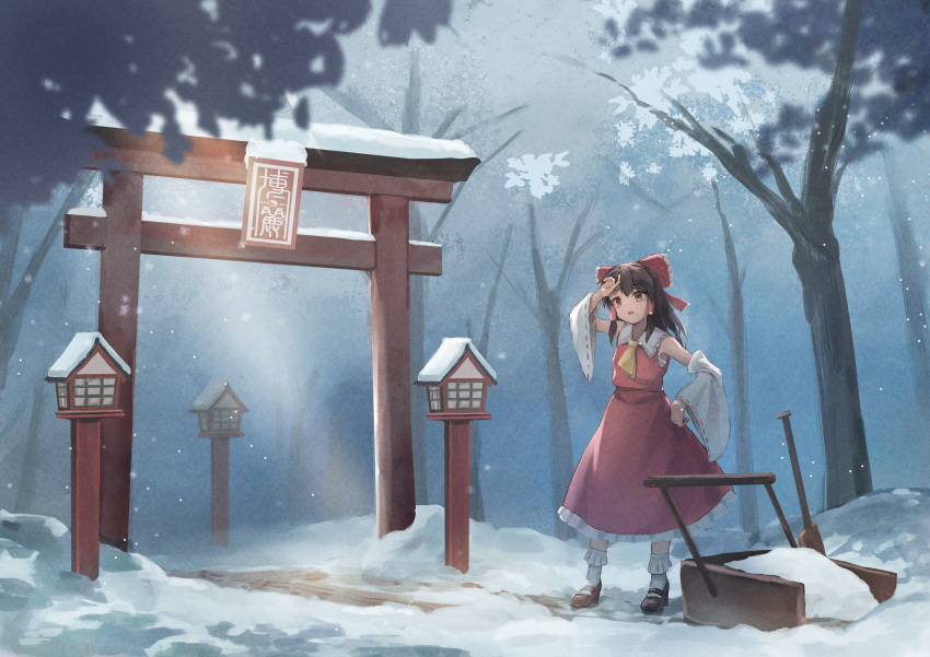 1girl absurdres aoniyoshi ascot black_footwear bow brown_eyes brown_hair detached_sleeves frilled_bow frilled_hair_tubes frills hair_bow hair_tubes hakurei_reimu hat high_heels highres lamppost multiple_girls outdoors red_bow red_skirt ribbon-trimmed_sleeves ribbon_trim road sarashi scenery shovel skirt skirt_set snow socks torii touhou tree white_socks winter witch_hat yellow_ascot