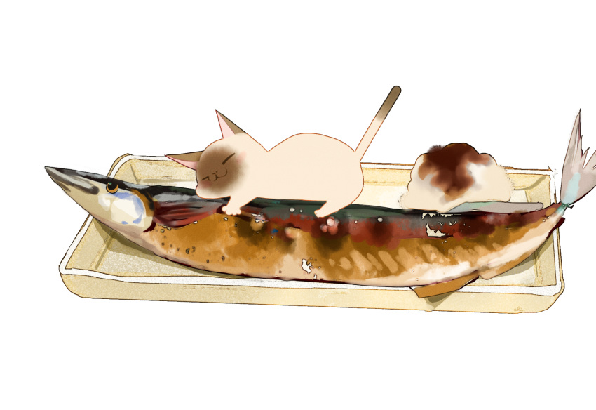 animal cat chai fish food highres no_humans original saury signature sitting_on_food tray undersized_animal white_background