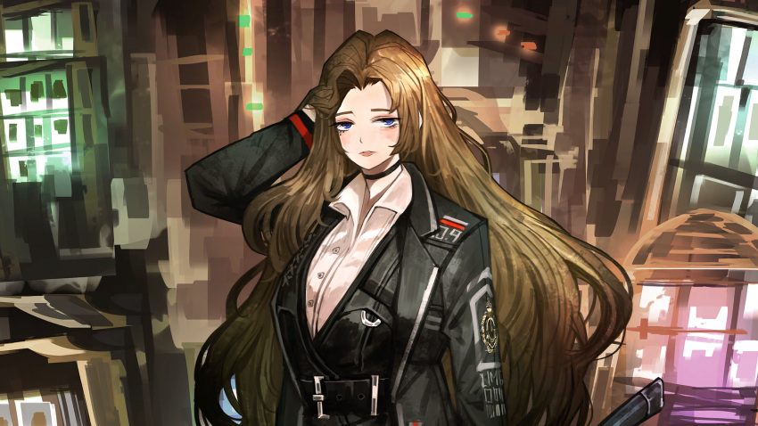 1girl belt black_belt black_choker black_jacket black_vest blue_eyes brown_hair choker collared_shirt dress_shirt game_cg highres jacket lapels limbus_company long_hair long_sleeves looking_at_viewer mole mole_under_eye nai_ga notched_lapels official_art open_clothes open_jacket project_moon rodion_(project_moon) shirt solo upper_body vest white_shirt wing_collar