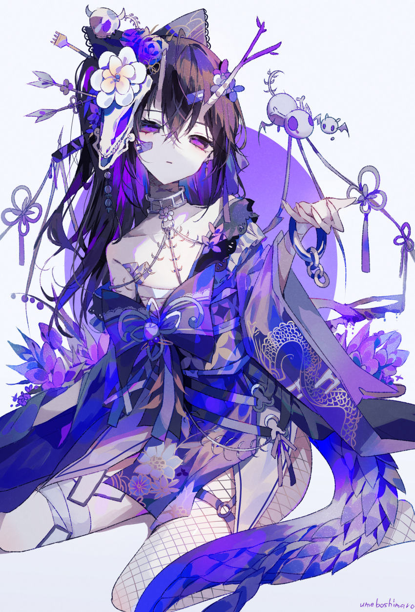 1girl absurdres artist_name asymmetrical_legwear bandaid bandaid_on_face bare_shoulders black_hair bow bracelet closed_mouth collarbone commentary_request dragon_tail fishnets flower hadanugi_dousa hair_between_eyes hair_bow hand_up highres horns japanese_clothes jewelry kimono long_hair looking_at_viewer multicolored_hair original purple_bow purple_eyes purple_flower purple_hair purple_kimono purple_theme simple_background single_off_shoulder sitting solo tail umemaro_(siona0908) wariza white_background wide_sleeves