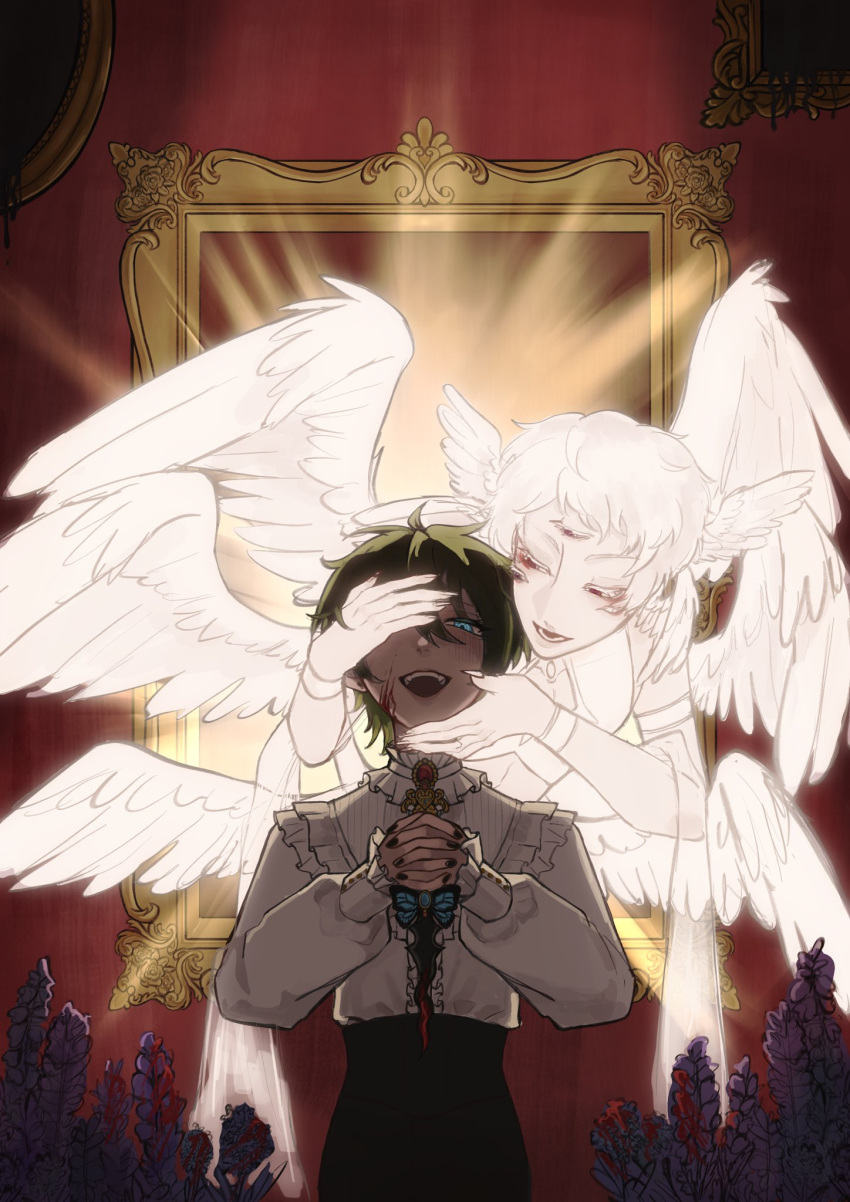 2boys angel_wings black_hair black_pants empty_picture_frame ensemble_stars! extra_eyes feathered_wings highres holding holding_knife itsuki_shu kagehira_mika knife male_focus multiple_boys multiple_wings okami_maggall pale_skin pants picture_frame seraph shirt short_bangs short_hair valkyrie_(ensemble_stars!) white_hair white_shirt white_wings wings