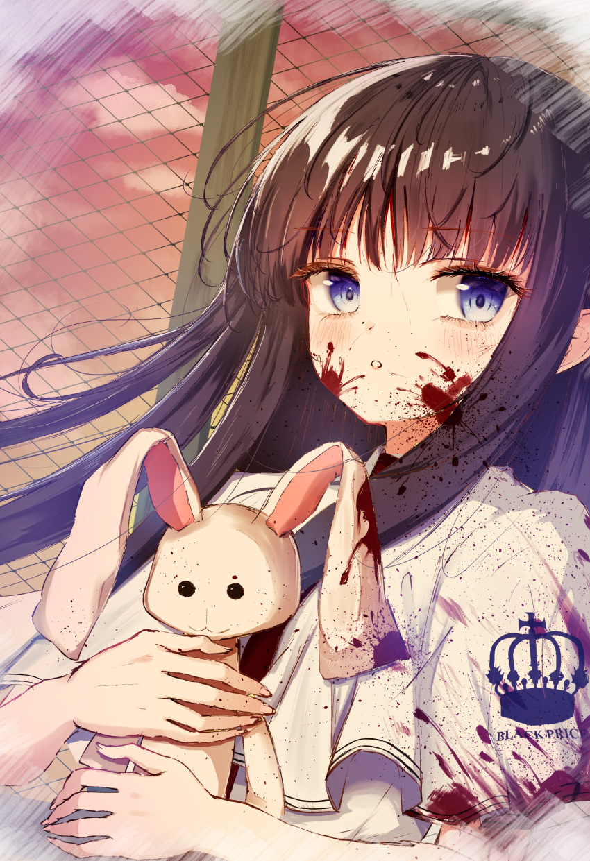 1girl absurdres ashiyu0330 black_hair blood blood_on_clothes blood_on_face blue_eyes blunt_bangs blush capelet commentary_request crown_print dusk eyelashes fence floating_hair highres holding holding_stuffed_toy long_hair looking_at_viewer outdoors parted_lips school_uniform sidelocks solo straight_hair stuffed_animal stuffed_rabbit stuffed_toy subarashiki_hibi takashima_zakuro upper_body white_capelet