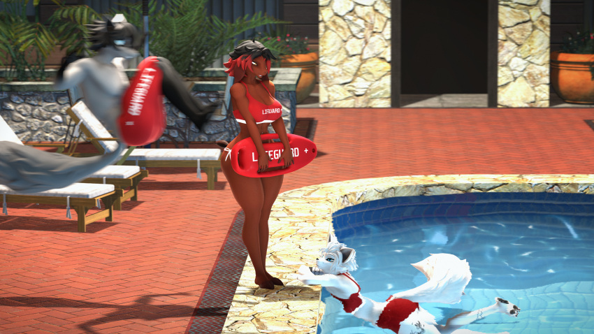 3d_(artwork) absurd_res alicia_(domibun) anthro canid canine canis digital_media_(artwork) domibun dropkick duo female fox hi_res imminent_danger kole_(domibun) lifeguard lifeguard_swimsuit male male/female mammal maxine_(domibun) poolside source_filmmaker wolf