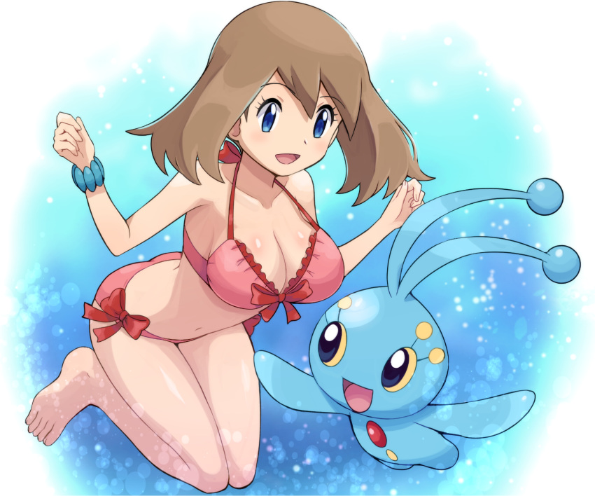 1girl barefoot bikini blue_eyes bow bow_bikini bracelet breasts brown_hair eyebrows_visible_through_hair gen_4_pokemon highres jewelry large_breasts manaphy may_(pokemon) mythical_pokemon navel pokemoa pokemon pokemon_(anime) pokemon_rse_(anime) swimsuit underwater