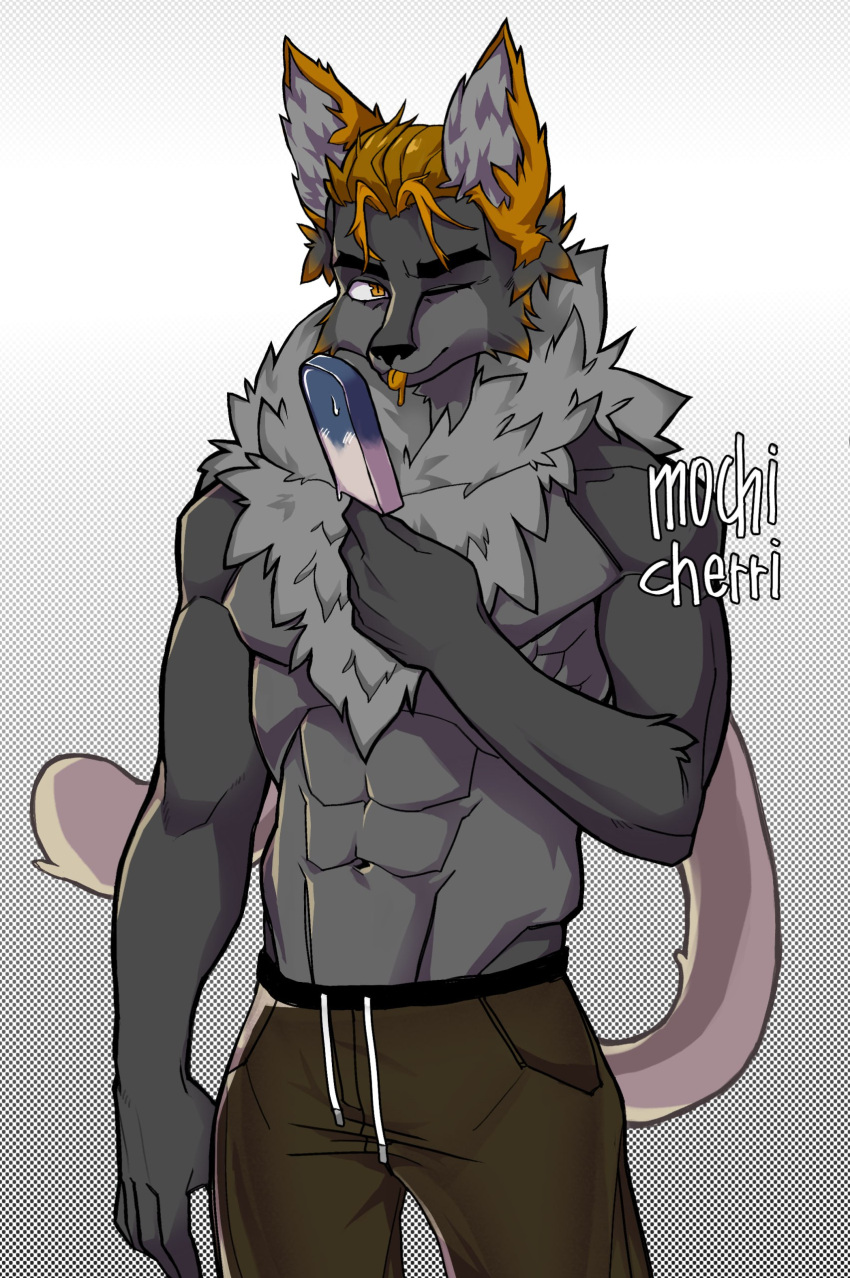 absurd_res anthro bodily_fluids brown_body brown_fur dessert domestic_cat felid feline felis fluffy fluffy_chest food fur grey_body grey_cat grey_fur hi_res humanoid ice_cream male mammal mochi_cherri muscular muscular_anthro muscular_male neck_tuft nemejchyk orange_body orange_fur saliva sexy_eyes solo tongue tongue_out tuft yellow_body yellow_eyes yellow_fur