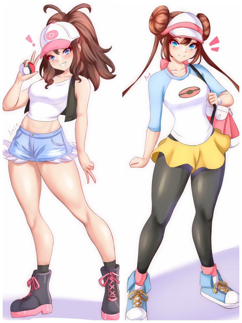 ! 2girls anisdrawn antenna_hair bare_arms bare_shoulders baseball_cap black_footwear black_pantyhose black_socks black_vest blue_eyes blue_footwear blush boots breasts brown_hair commentary crop_top denim denim_shorts double_bun full_body grin hair_bun hand_up hat head_tilt highres hilda_(pokemon) holding holding_poke_ball long_hair long_sleeves looking_at_viewer medium_breasts midriff multiple_girls pantyhose pantyhose_under_shorts pink_socks poke_ball pokemon pokemon_bw pokemon_bw2 ponytail raglan_sleeves rosa_(pokemon) shirt shoes short_shorts shorts sidelocks simple_background sleeveless sleeveless_shirt smile sneakers socks standing thighs twintails very_long_hair vest white_background white_shirt yellow_shorts