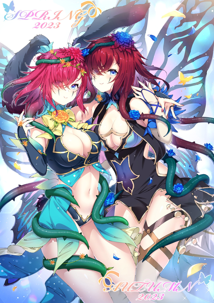 2girls absurdres animal_ears arm_around_shoulder bare_shoulders blue_eyes breasts bridal_gauntlets bug butterfly cleavage cleavage_cutout closed_mouth clothing_cutout commission covered_navel dress dual_persona eyes_visible_through_hair facial_mark fairy fairy_wings fake_animal_ears fake_tail fire_emblem fire_emblem_heroes flower hair_flower hair_ornament hair_over_one_eye hair_vines highres looking_at_viewer medium_hair michie_sticker midriff multiple_girls navel official_alternate_costume petals plant rabbit_ears rabbit_tail red_hair red_nails second-party_source short_dress smile tail triandra_(fire_emblem) triandra_(reverent_dream)_(fire_emblem) triandra_(spring)_(fire_emblem) vines wings