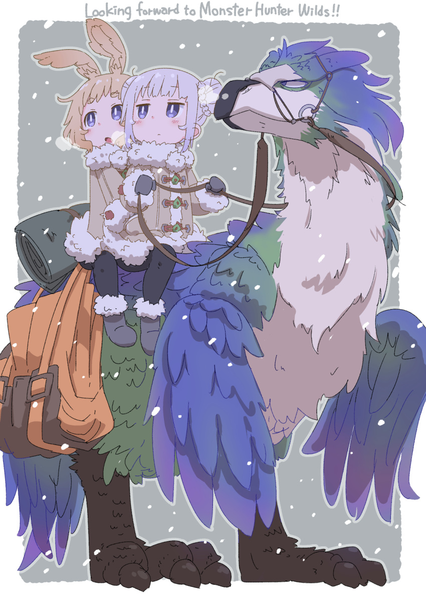 2girls bag bird bird_wings black_gloves blonde_hair blue_feathers blue_footwear blush boots border breath character_request child coat dog_girl double_bun english_text feathers gloves gradient_feathers green_feathers hair_bun highres holding holding_reins monster monster_hunter_(series) monster_hunter_wilds multiple_girls open_mouth original outside_border pantyhose purple_eyes purple_hair reins riding riding_animal samansa_(samansa_ex) samansa_ex siblings sisters sleeping_bag snow snowing tabasa_(samansa_ex) talons white_border white_coat white_feathers wings winter winter_clothes