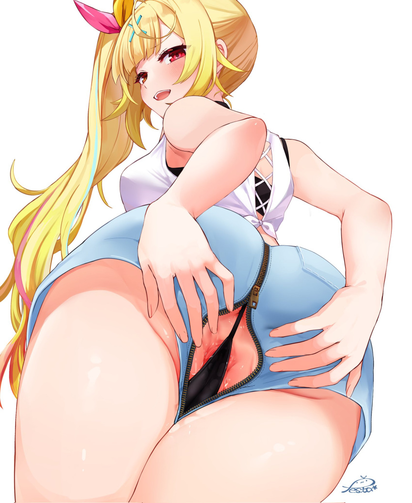 1girl anus anus_peek ass back bare_shoulders blonde_hair blush breasts festa11307070 from_behind from_below hair_ornament hair_ribbon heterochromia highres hoshikawa_sara hoshikawa_sara_(1st_costume) large_breasts long_hair looking_back nijisanji open_mouth partially_unzipped pussy pussy_peek red_eyes ribbon side_ponytail solo spread_pussy thighs thong virtual_youtuber x_hair_ornament yellow_eyes zipper_pull_tab