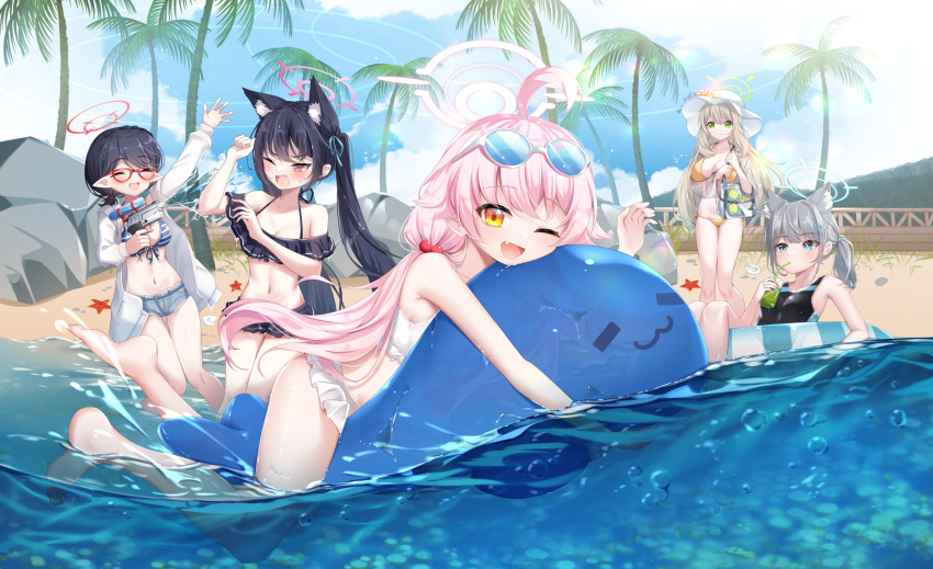 5girls animal_ear_fluff animal_ears arm_up ayane_(blue_archive) ayane_(swimsuit)_(blue_archive) beach bikini black_bikini black_hair black_one-piece_swimsuit blue-tinted_eyewear blue_archive blue_bikini blue_halo blue_ribbon blue_shorts breasts bright_pupils cat_ears cat_girl chinese_commentary cleavage closed_mouth cloud collarbone commentary_request cross cup day denim denim_shorts drinking_glass drinking_straw eyewear_on_head fang foreclosure_task_force_(blue_archive) frilled_bikini frills front-tie_bikini_top front-tie_top glasses green_eyes green_halo grey_hair hair_bobbles hair_ornament halo hat highres holding holding_cup holding_water_gun hoshino_(blue_archive) hoshino_(swimsuit)_(blue_archive) inflatable_toy inflatable_whale large_breasts latin_cross light_brown_hair long_hair long_sleeves looking_at_viewer low_twintails medium_breasts medium_hair mismatched_pupils multiple_girls navel nonomi_(blue_archive) nonomi_(swimsuit)_(blue_archive) ocean off-shoulder_bikini off_shoulder official_alternate_costume one-piece_swimsuit one_eye_closed open_mouth orange_bikini orange_eyes outdoors palm_tree pink_eyes pink_halo pointy_ears puffy_long_sleeves puffy_sleeves red-framed_eyewear red_halo ribbon serika_(blue_archive) serika_(swimsuit)_(blue_archive) shiroko_(blue_archive) shiroko_(swimsuit)_(blue_archive) shirt short_hair short_ponytail shorts side-tie_bikini_bottom side_ponytail small_breasts smile starfish sun_hat sunglasses swimsuit tinted_eyewear tree twintails umou_(may65879) very_long_hair water_gun waving white-framed_eyewear white_bikini white_headwear white_pupils white_shirt wolf_girl