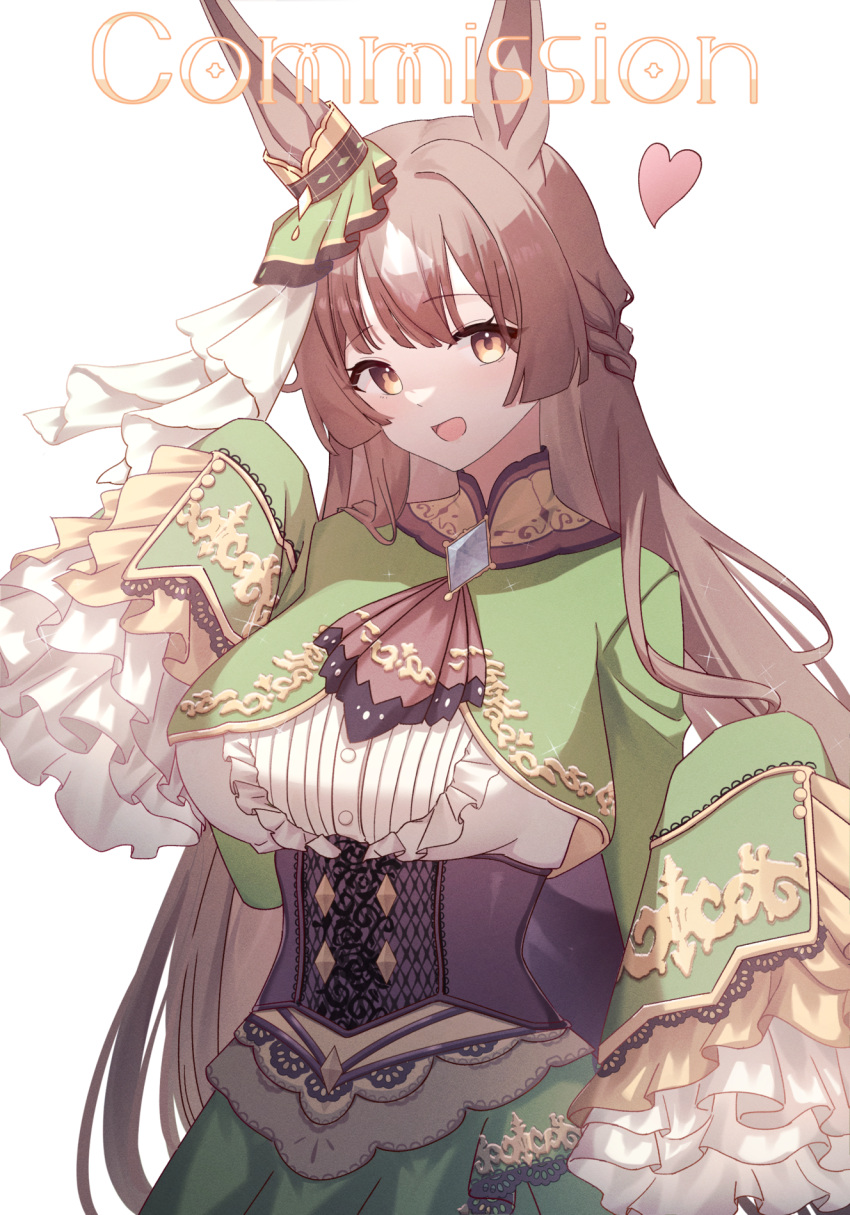 1girl animal_ears ascot black_ascot black_corset braid brown_hair commentary_request commission corset dress ear_ornament elanore french_braid frilled_dress frills green_dress hair_between_eyes heart highres horse_ears horse_girl long_hair multicolored_hair open_mouth satono_diamond_(umamusume) simple_background sleeves_past_fingers sleeves_past_wrists smile solo streaked_hair umamusume upper_body very_long_hair very_long_sleeves white_background white_hair