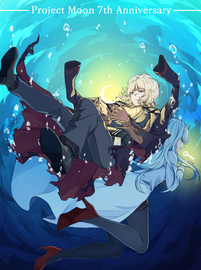 2girls absurdres black_coat blue_eyes blue_hair character_request coat crescent english_text faust_(project_moon) full_body high_heels highres key library_of_ruina limbus_company long_hair multiple_girls project_moon rmenssari short_hair underwater white_coat yellow_eyes