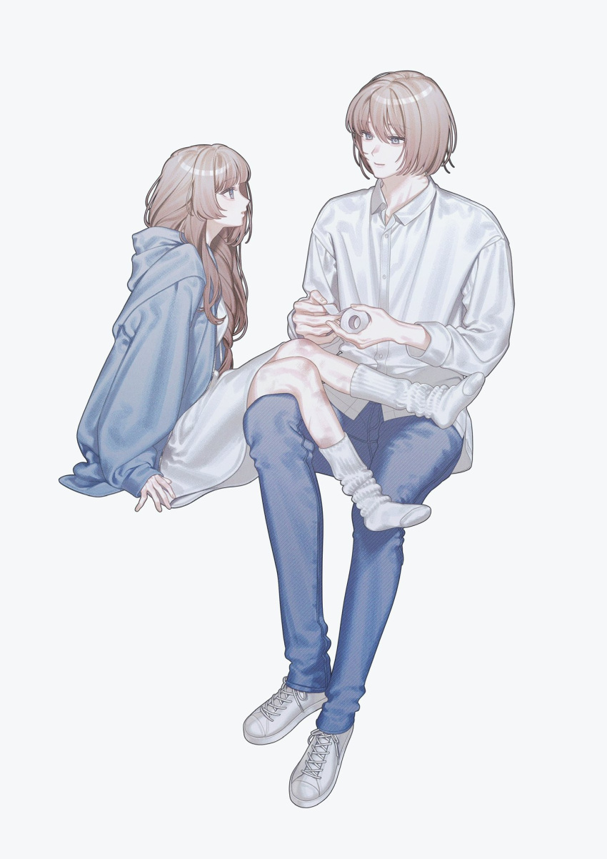 1girl brother_and_sister collared_shirt commission denim full_body grey_eyes grey_hair highres hood hoodie jeans long_hair looking_at_another nanoka_san original pants shirt shoes siblings simple_background sitting skeb_commission skirt smile sneakers socks white_background