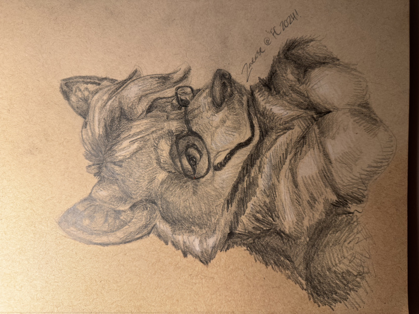 absurd_res anthro canid canine canis domestic_dog dramatic_lighting eyewear glasses graphite_(artwork) greyscale grin headshot_portrait hi_res husky mammal monochrome nordic_sled_dog pencil_(artwork) portrait rendered shaded sketch smile spitz traditional_media_(artwork) zaverose