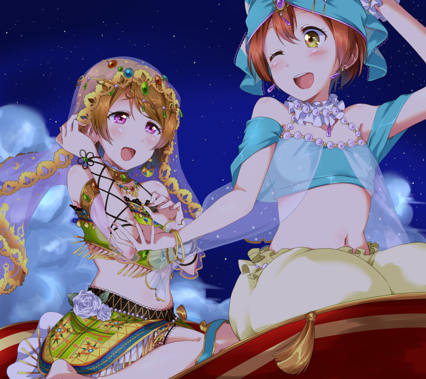 2girls arabian_clothes baggy_pants barefoot blush brown_hair cloud dancer happy harem_outfit highres hoshizora_rin jewelry koizumi_hanayo ksk_(semicha_keisuke) love_live! love_live!_school_idol_project midriff multiple_girls nail_polish navel necklace night night_sky one_eye_closed open_mouth pants purple_eyes sidelocks sitting sky smile veil yellow_eyes