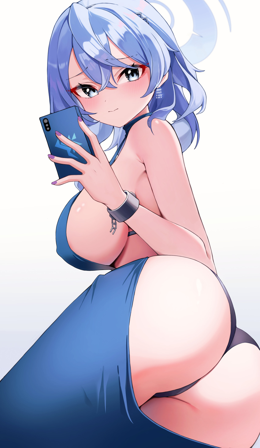 1girl absurdres ako_(blue_archive) ako_(dress)_(blue_archive) areola_slip ass black_panties blue_archive blue_dress blue_eyes blue_hair blue_halo blush breasts cellphone closed_mouth commentary crossed_bangs dress earrings fingernails furrowed_brow hair_between_eyes halo halter_dress halterneck highres holding holding_phone jewelry large_breasts long_fingernails long_hair looking_at_viewer nail_polish noa_(noa01010) official_alternate_costume panties phone purple_nails sideboob sideless_dress sideless_outfit simple_background single_handcuff sitting sleeveless sleeveless_dress smartphone solo thong underwear white_background