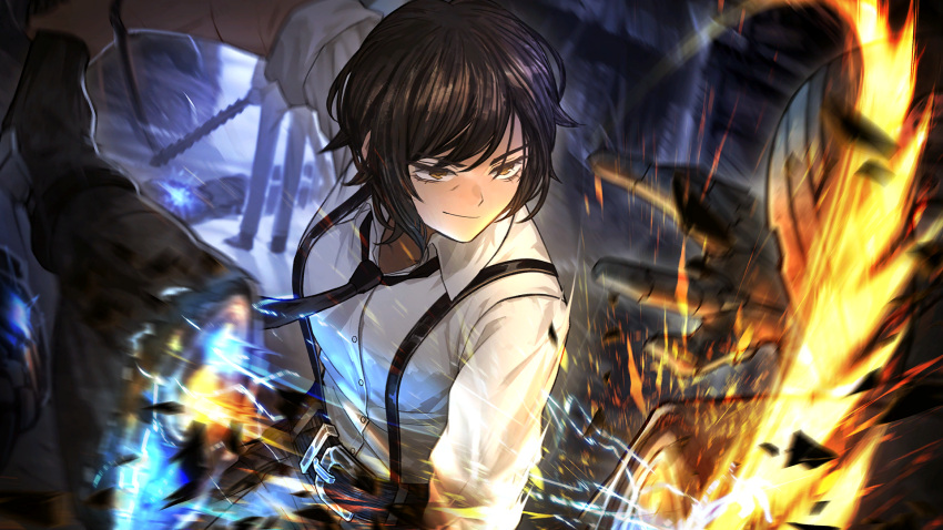 1girl 3others belt black_belt black_necktie black_pants brown_eyes brown_hair closed_mouth collared_shirt dress_shirt game_cg highres holding holding_weapon light_smile limbus_company multiple_others nai_ga necktie official_art outis_(project_moon) pants project_moon shirt short_hair solo_focus standing suspenders weapon white_shirt wing_collar