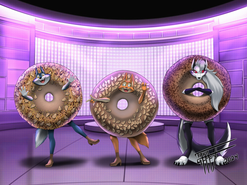 absurd_res anthro bagel bagel_costume bread canid canid_demon canine canis clothing costume demon diane_foxington dreamworks female food food_costume fox group hellhound helluva_boss hi_res illumination_entertainment loona_(helluva_boss) mammal porsha_crystal sing_(movie) taka_studio the_bad_guys trio wolf