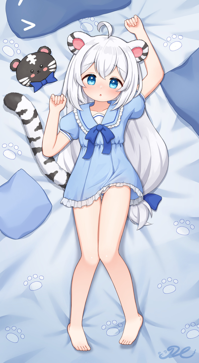 1girl :o absurdres ahoge animal_ears arm_up barefoot bed_sheet blue_bow blue_dress blue_eyes blue_sailor_collar blush bow commentary_request commission dress feet frilled_dress frills full_body highres indie_virtual_youtuber j2l long_hair looking_at_viewer lying myoya_(vtuber) on_back open_mouth panties puffy_short_sleeves puffy_sleeves sailor_collar sailor_dress short_dress short_sleeves sidelocks solo striped_tail tail tiger_ears tiger_girl tiger_tail toes underwear virtual_youtuber white_hair white_panties