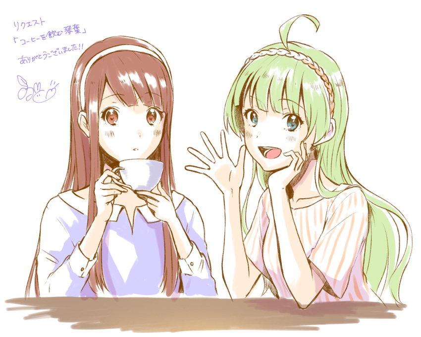 2girls ahoge aqua_eyes blue_shirt blue_sleeves blunt_bangs blush_stickers brown_eyes brown_hair collar collarbone collared_shirt commentary_request cup drinking elbow_on_table eyelashes green_hair hairband hand_on_own_cheek hand_on_own_face highres holding holding_cup idolmaster idolmaster_million_live! long_hair long_sleeves multiple_girls open_mouth parted_lips shimabara_elena shirt short_sleeves sidelocks signature simple_background smile straight_hair striped_clothes striped_shirt t-shirt tanaka_kotoha teacup teeth translation_request upper_body vertical-striped_clothes vertical-striped_shirt vertical-striped_sleeves waving wavy_hair white_background white_collar white_hairband white_shirt white_sleeves witoi_(roa) yellow_hairband