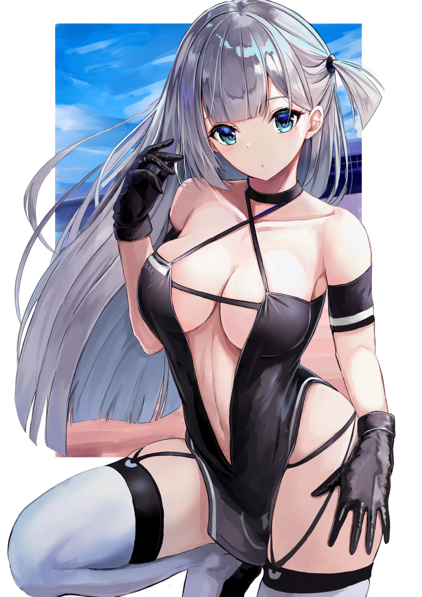 1girl :o absurdres arm_strap azur_lane bangs bare_hips black_dress black_gloves blue_eyes blue_sky blunt_bangs breasts center_opening cleavage criss-cross_halter dress frame garter_straps gloves grey_hair halter_dress halterneck hand_on_hip hand_up highres large_breasts leg_up long_hair looking_at_viewer mole mole_under_eye navel one_side_up race_queen revealing_clothes shoukaku_(azur_lane) shoukaku_(sororal_wings)_(azur_lane) skindentation sky solo thighhighs white_legwear zyousha333