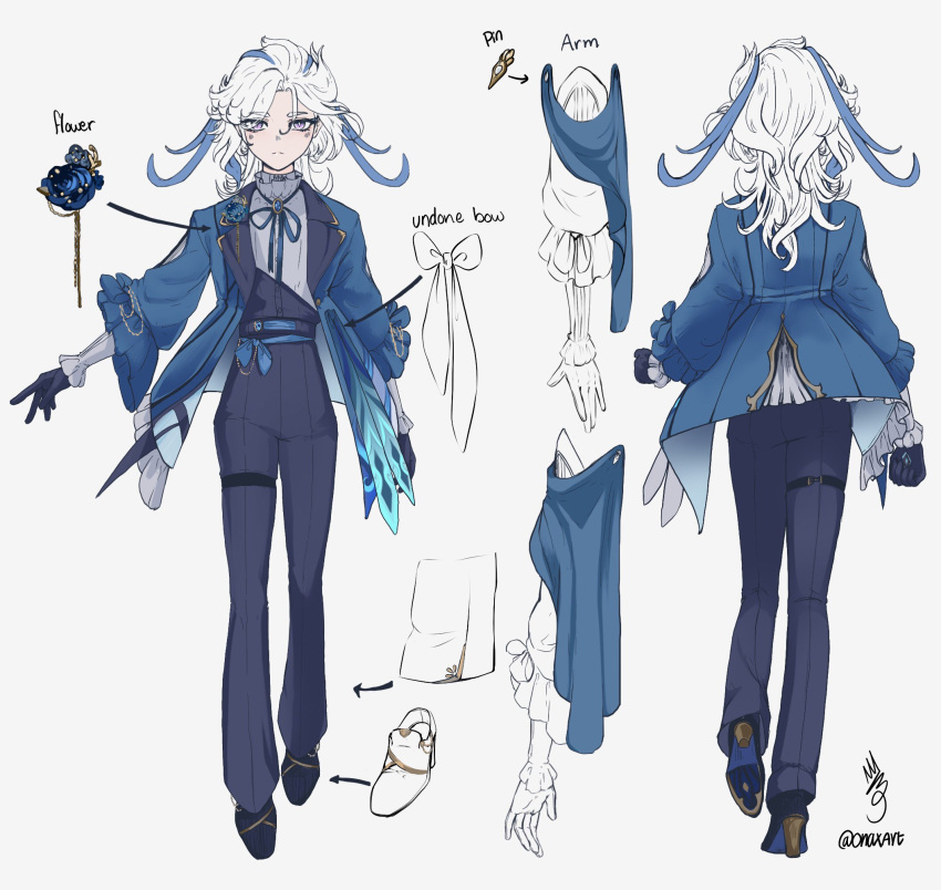 1boy aged_down bishounen black_gloves blue_hair flower full_body genshin_impact gloves highres male_focus multicolored_hair naya_(onaxart) neck_ribbon neuvillette_(genshin_impact) pin purple_eyes reference_sheet ribbon simple_background solo streaked_hair white_background white_hair