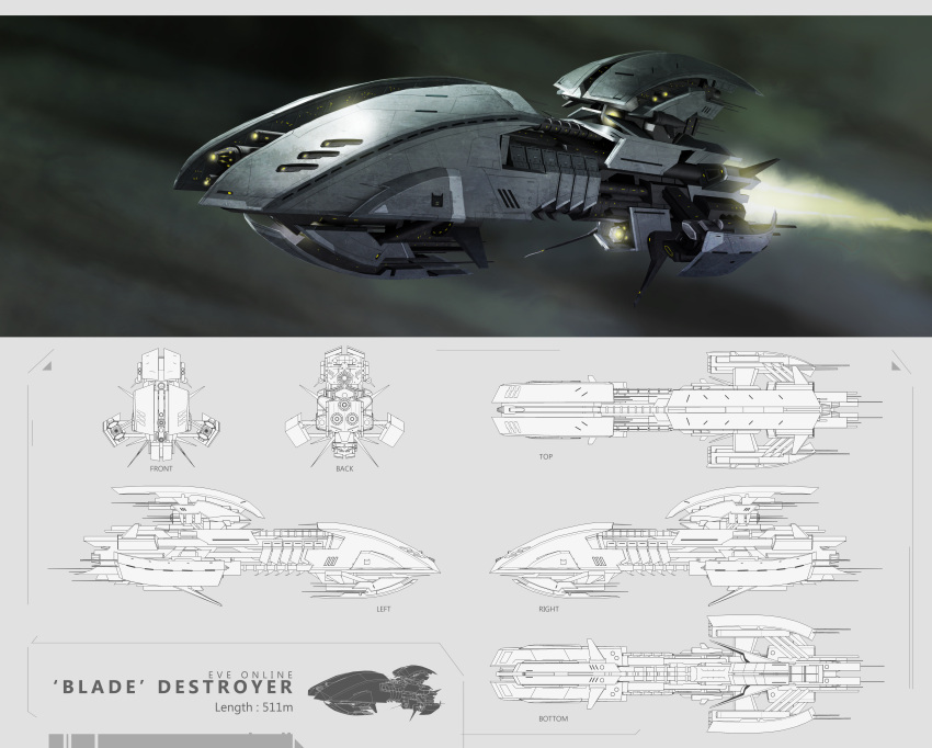 absurdres advanced_ship_(eve_online) battlecruiser_(eve_online) commentary concept_art copyright_name english_commentary english_text eve_online flying from_side glowing highres kianchai military_vehicle multiple_views no_humans original outdoors reference_sheet science_fiction spacecraft thrusters vehicle_focus