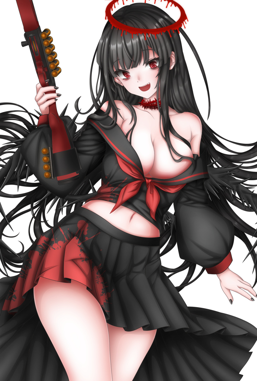 1girl :d bare_shoulders black_hair black_nails black_serafuku blood_halo blue_archive breasts cleavage clothes_pull commentary_request crop_top fang gun halo hand_up happy highres hip_focus holding holding_gun holding_weapon long_hair long_sleeves looking_back medium_breasts melting_halo midriff miniskirt nail_polish navel no_bra off_shoulder red_eyes red_halo school_uniform serafuku shirt_pull shotgun shotgun_shell simple_background skirt smile solo standing sturm_(arowana_kingyo) thighs tsurugi_(blue_archive) very_long_hair weapon white_background