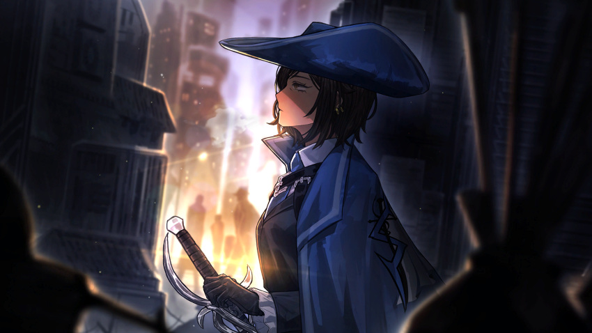 1girl 3others black_gloves black_vest blue_cape blue_headwear blue_necktie blurry blurry_background blurry_foreground brown_hair cape cavalier_hat closed_mouth collared_shirt ear_piercing from_side game_cg gloves highres holding holding_weapon limbus_company long_sleeves multiple_others nai_ga necktie official_art orange_eyes outdoors outis_(project_moon) piercing project_moon shirt short_hair solo_focus vest weapon white_shirt wing_collar