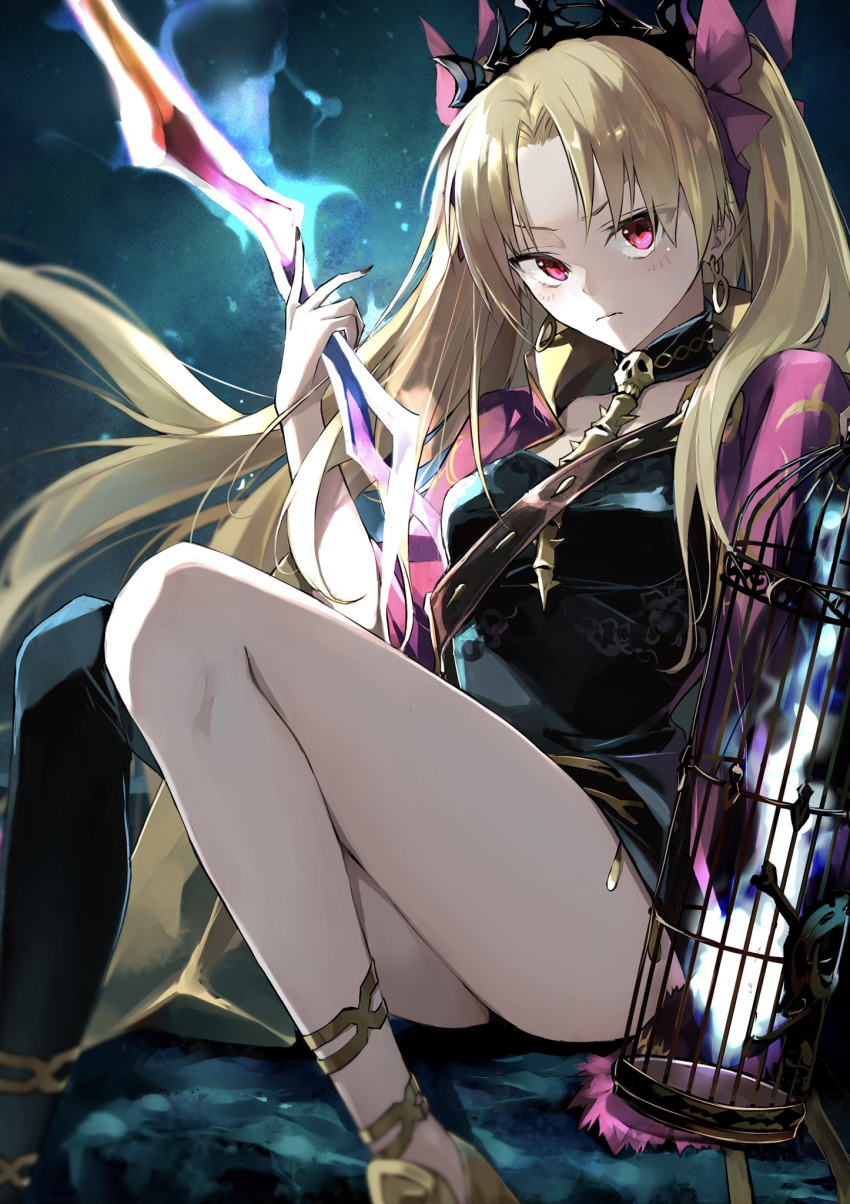1girl birdcage black_dress black_thighhighs blonde_hair bow breasts cage cape detached_collar dress earrings ereshkigal_(fate) fate/grand_order fate_(series) gold_trim hair_bow highres hood hooded_cape hoop_earrings jewelry kino_kokko long_hair looking_at_viewer medium_breasts meslamtaea_(weapon) parted_bangs red_eyes short_dress single_sleeve single_thighhigh skull solo spine thighhighs thighs tiara two_side_up weapon