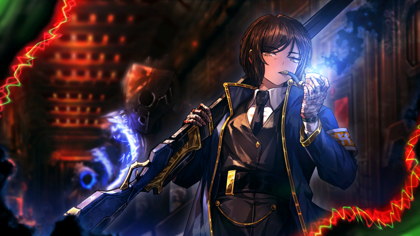 1girl armband bandaged_hand bandages belt black_belt black_necktie black_pants black_vest blue_coat brown_hair coat collared_shirt e.g.o_(project_moon) game_cg gun highres holding holding_gun holding_weapon indoors limbus_company lobotomy_corporation long_sleeves looking_at_viewer nai_ga necktie official_art orange_eyes outis_(project_moon) pants project_moon rifle shirt short_hair smoke smoking_pipe solo standing vest watch weapon white_shirt wing_collar wristwatch