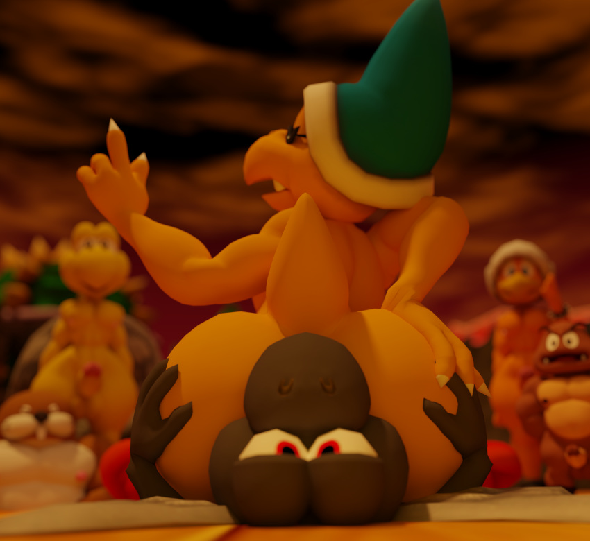 absurd_res anal anthro black_body black_skin blender_(software) blender_cycles brown_body brown_skin butt doommusk eulipotyphlan facesitting fan_character goomba group hammer_bro hi_res kamek koopa koopa_paratroopa koopa_troopa lire_(doommusk) male male/male mammal mario_bros mole_(animal) monty_mole nintendo oral rimming rimming_male scales scalie sex sitting_on_another yellow_body yellow_scales