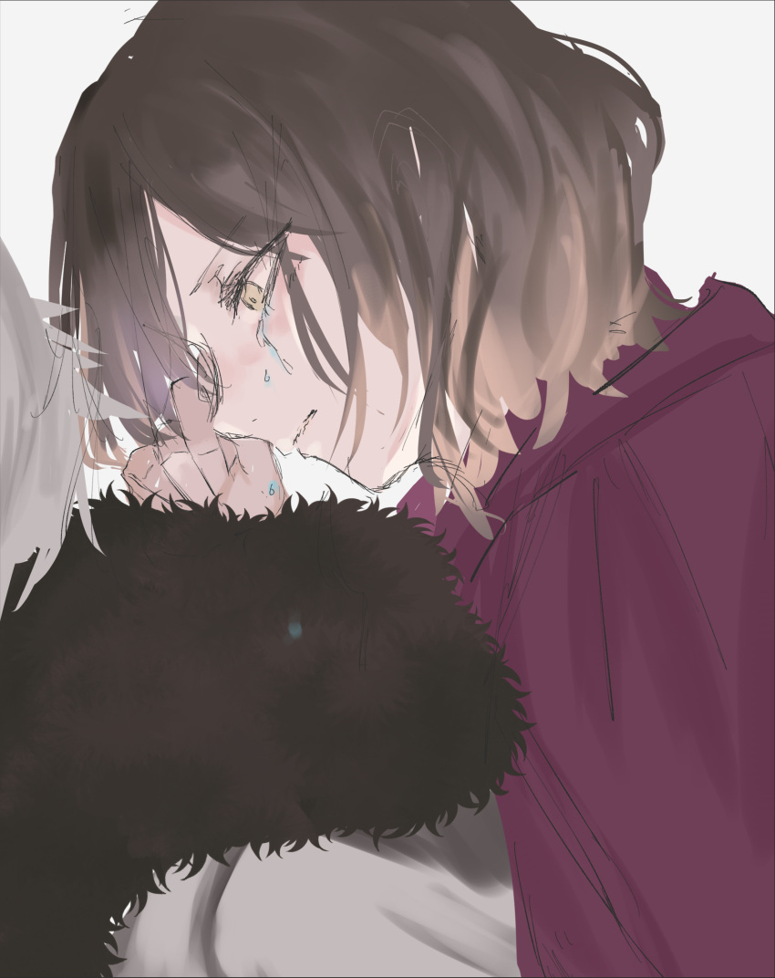 1boy 1girl brown_eyes brown_hair cape crying crying_with_eyes_open dress ehre_(sousou_no_frieren) fur-trimmed_jacket fur_trim grey_hair highres jacket rubbing_eyes sad short_hair simple_background sketch sousou_no_frieren teardrop tears wavy_hair white_background white_dress wiping_tears wirbel_(sousou_no_frieren) yamabiko_(niko_5274)