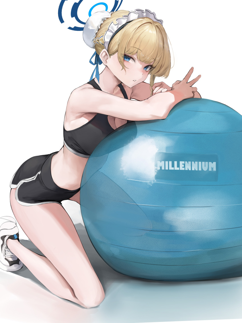 1girl absurdres alternate_costume ball bare_arms bare_shoulders black_shorts black_sports_bra blonde_hair blue_archive blue_eyes blue_halo blush breasts bun_cover cleavage exercise_ball hair_ornament halo highres large_breasts leviathan_(hikinito0902) maid_headdress parted_lips shorts simple_background solo sports_bra thighs toki_(blue_archive) white_background