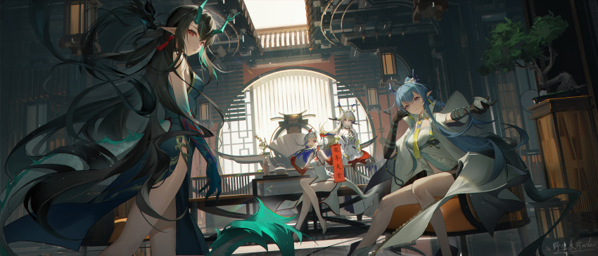 4girls absurdres arknights bare_shoulders black_gloves black_hair blue_dress blue_hair breasts china_dress chinese_clothes commentary_request dragon_girl dragon_horns dragon_tail dress dusk_(arknights) elbow_gloves flame-tipped_tail gloves green_hair grey_eyes highres holding horns indoors jacket ling_(arknights) maipianvale medium_breasts multicolored_hair multiple_girls nian_(arknights) open_clothes open_jacket pointy_ears ponytail red_eyes red_hair round_window shu_(arknights) sleeveless sleeveless_dress standing streaked_hair tail white_dress white_hair white_jacket window