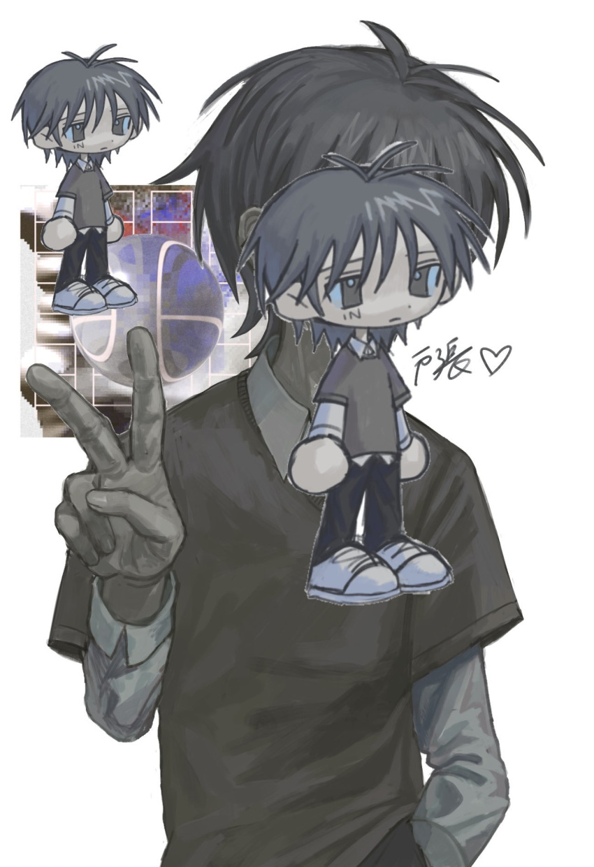 1boy brown_hair brown_shirt chibi chibi_inset covered_face grey_hair highres original shirt solo v white_background yuutsu_(umrs8555)