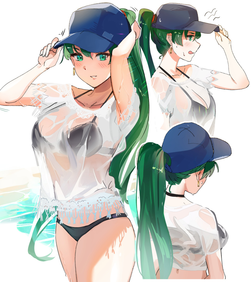 1girl absurdres asymmetrical_bangs bangs baseball_cap bikini black_bikini blue_headwear blush breasts duplicate earrings fire_emblem fire_emblem:_the_blazing_blade green_eyes green_hair hat high_ponytail highres jewelry large_breasts long_hair looking_at_viewer lyn_(fire_emblem) multiple_views ormille ponytail see-through shirt smile swimsuit thighs wading water wet wet_clothes wet_shirt wet_t-shirt white_background