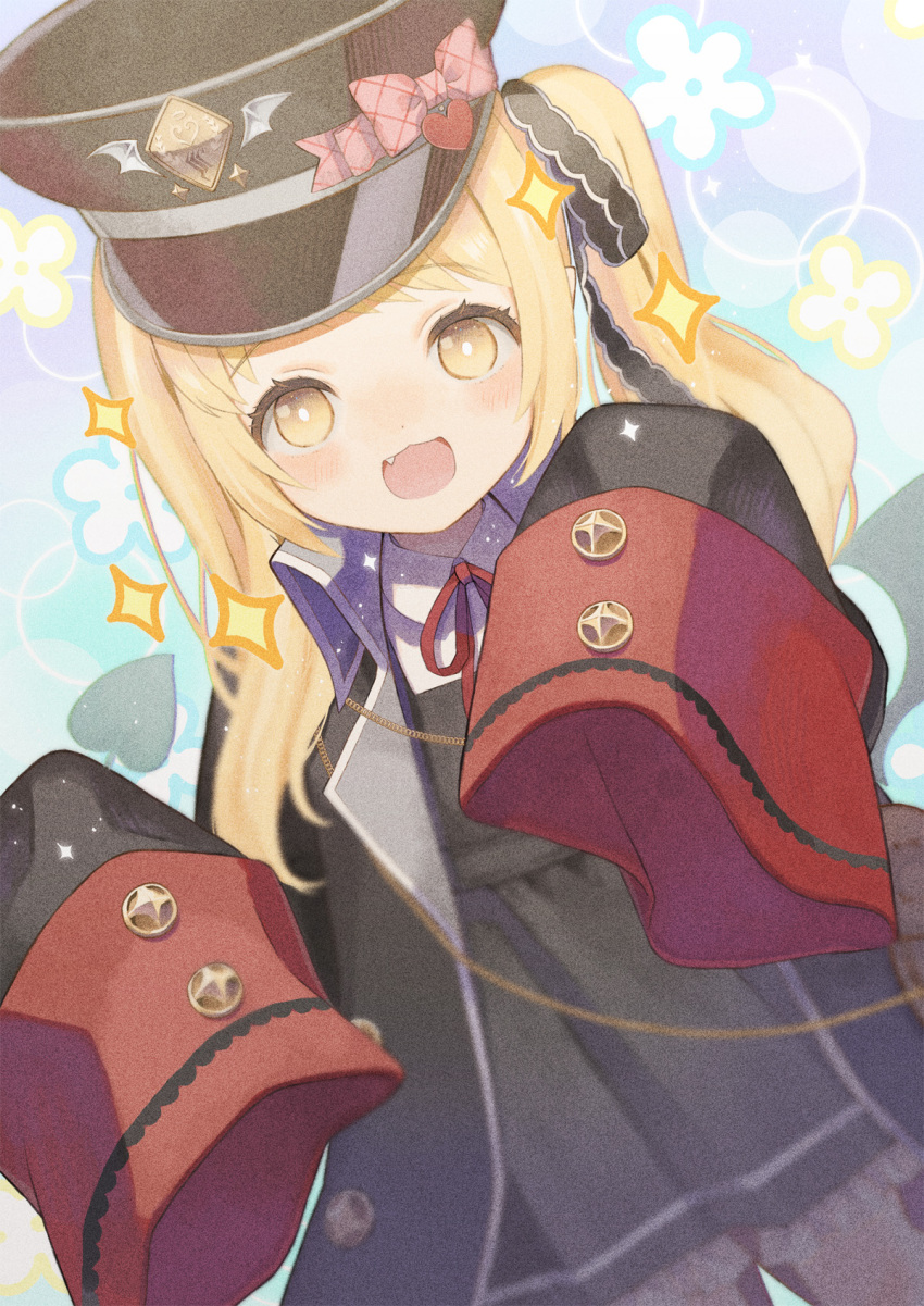 1girl black_coat black_dress black_headwear black_tail black_wings blonde_hair blue_archive blush coat collared_shirt commentary demon_tail demon_wings dress fang hat highres ibuki_(blue_archive) long_hair looking_at_viewer neck_ribbon open_clothes open_coat open_mouth original-orange-610917 peaked_cap pinafore_dress red_ribbon ribbon shirt side_ponytail sleeveless sleeveless_dress sleeves_past_fingers sleeves_past_wrists smile solo tail white_shirt wings yellow_eyes