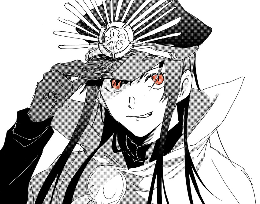 1girl adjusting_clothes adjusting_headwear cape fate_(series) gloves greyscale grin hand_up hat koha-ace long_sleeves looking_at_viewer monochrome noz_2to oda_nobunaga_(fate) oda_nobunaga_(koha-ace) oda_uri peaked_cap portrait red_eyes red_theme simple_background smile smirk solo spot_color