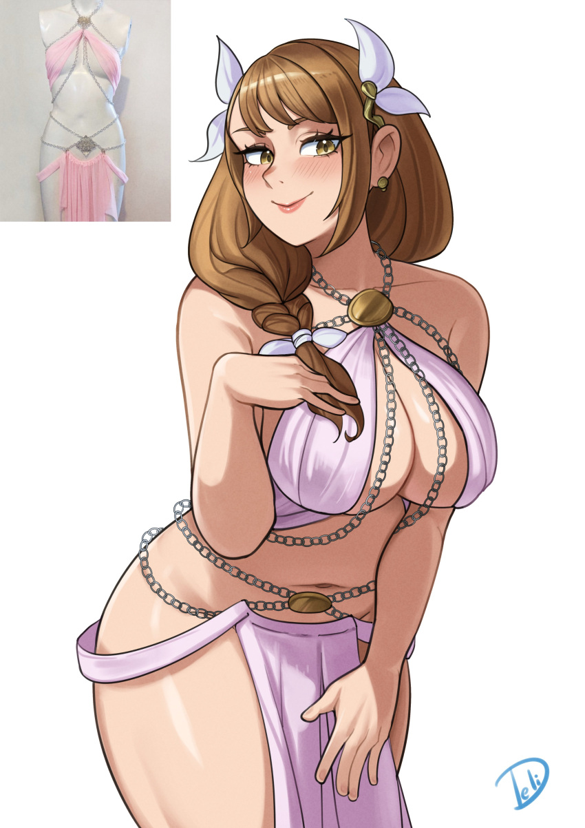 1girl absurdres alternate_costume bare_shoulders blush braid braided_ponytail breasts brown_eyes brown_hair chain cleavage cowboy_shot dancer deliciousbrain fire_emblem fire_emblem_engage goldmary_(fire_emblem) hair_ornament hair_ribbon hand_on_own_chest harem_outfit highres jewelry large_breasts leaning_forward long_hair looking_at_viewer low_ponytail navel pelvic_curtain revealing_clothes ribbon signature smile solo stomach thighs white_background white_ribbon