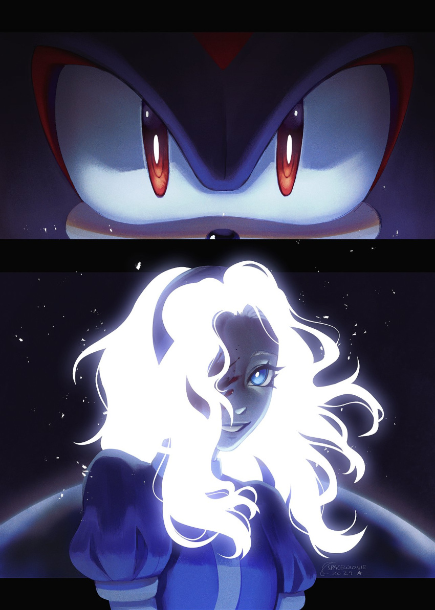 1boy 1girl 2024 artist_name blood blood_on_face blue_dress blue_eyes dress hairband hedgehog hedgehog_boy highres long_hair looking_at_viewer maria_robotnik planet red_eyes shadow_the_hedgehog smile sonic_(series) spacecolonie star_(sky) upper_body white_hair