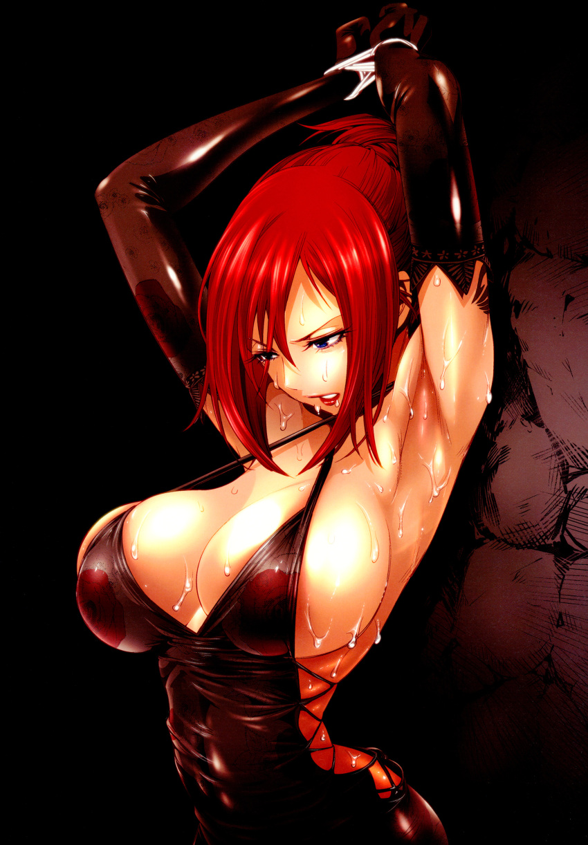 1girl absurdres arm_tattoo armpits arms_up bare_shoulders bdsm black_dress black_gloves blue_eyes bondage bound bound_arms bound_wrists breasts cleavage covered_navel criss-cross_halter dress elbow_gloves erza_scarlet fairy_tail folded_ponytail gloves halter_dress halterneck highres hiramoto_akira large_breasts lips long_hair non-web_source official_art parted_lips red_hair restrained short_hair skin_tight skindentation solo strap_gap sweat tattoo