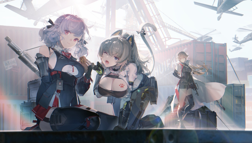 3girls aircraft all_fours animal_ears assault_rifle asymmetrical_legwear black_gloves black_ribbon blonde_hair blue_eyes breast_tattoo breasts bullpup burger cat_tail cleavage fake_animal_ears fingerless_gloves food girls'_frontline girls'_frontline_2:_exilium gloves green_gloves grey_hair gun gun_sling hair_ribbon helicopter highres holding holding_food large_breasts long_hair looking_at_viewer multiple_girls one_eye_closed orange_eyes ots-14_(girls'_frontline) ots-14_groza paw_pose paw_tattoo peritya_(girls'_frontline_2) pump_action red_eyes red_ribbon ribbon rifle short_hair shotgun sitting spas-12 spas-12_(girls'_frontline) spencer_sais standing tail tattoo two-tone_gloves uh-60_blackhawk weapon