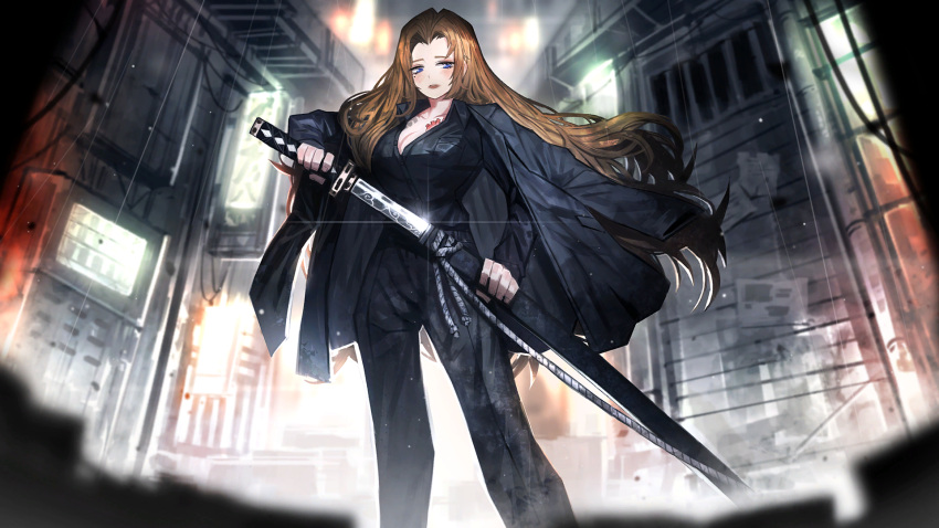 1girl black_jacket black_pants black_shirt blue_eyes breasts brown_hair chest_tattoo game_cg highres holding holding_sword holding_weapon jacket jacket_on_shoulders katana large_breasts limbus_company long_hair mole mole_under_eye nai_ga official_art open_clothes open_jacket outdoors pants project_moon rain rodion_(project_moon) sheath shirt sidelocks solo standing sword tattoo unsheathing weapon