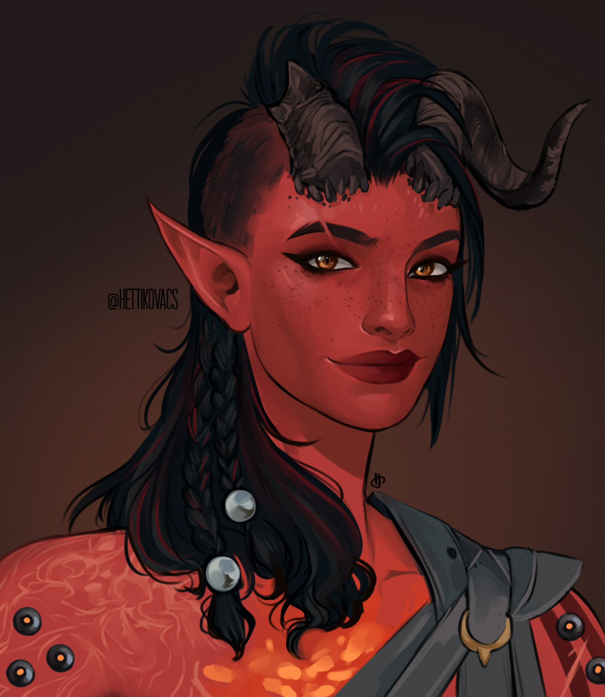 1girl artist_name asymmetrical_hair baldur's_gate baldur's_gate_3 black_hair braid brown_background collarbone colored_skin demon_girl dungeons_and_dragons freckles gradient_background hetti_(hettikovacs) highres karlach long_hair looking_at_viewer pointy_ears red_hair red_lips red_skin sidecut solo tiefling undercut