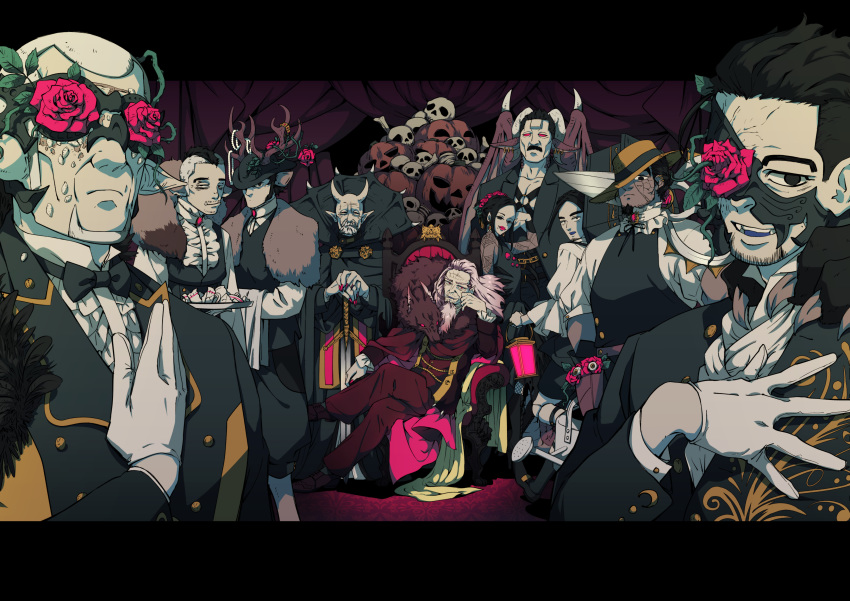 1girl 6+boys absurdres antlers black_eyes black_headwear character_request dark_skin dark_skinned_male demon_horns demon_wings eyepatch fangs flower gloves golden_kamuy halloween hat highres hijikata_toshizou_(golden_kamuy) holding holding_sword holding_weapon horns ienaga_kano indoors kadokura_(golden_kamuy) koito_otonoshin lipstick looking_at_viewer maddysaki makeup multiple_boys nagakura_shinpachi_(golden_kamuy) ogata_hyakunosuke oni oni_horns pile_of_skulls red_eyes red_flower red_rose rose sitting sword throne toni_anji tray ushiyama_tatsuma vampire waiter weapon white_gloves wings