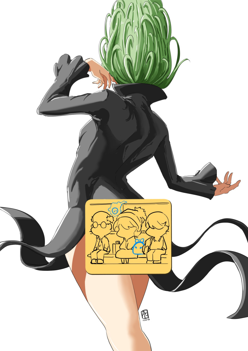 1girl automatic_giraffe black_dress breasts censored cowboy_shot dress from_behind green_hair grey_background highres long_hair long_sleeves one-punch_man sign simple_background small_breasts solo tatsumaki