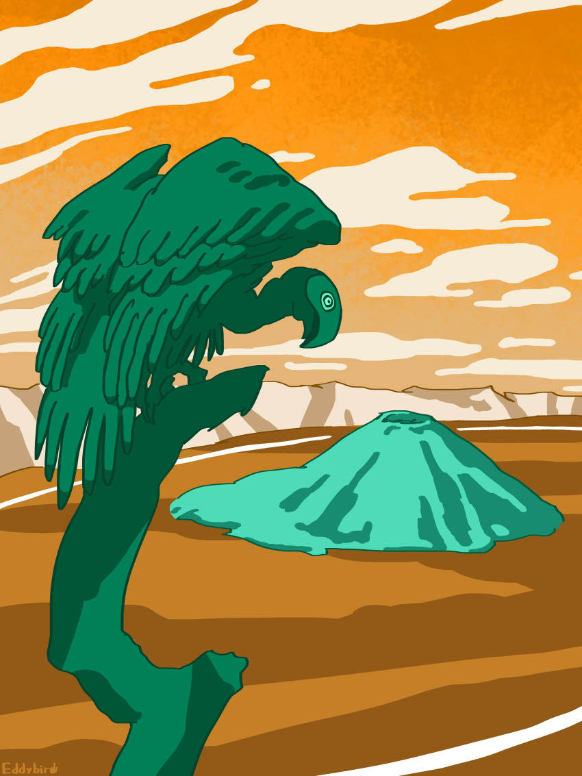 2023 absurd_res accipitriform ambiguous_gender artist_name avian avian_feet beak biped bird claws cloud crater detailed_background digital_drawing_(artwork) digital_media_(artwork) eddybird feathered_wings feathers feet feral full-length_portrait green_and_orange hi_res island lake orange_text oregon outside park perched portrait pupils rear_view restricted_palette scp-3310 scp_foundation shaded signature simple_background simple_shading sky solo talons text those_twisted_pines three-quarter_view toe_claws toes tree_stump vulture water wings