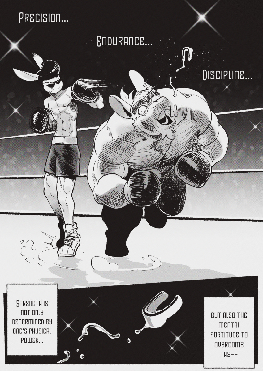 2024 abs absurd_res anthro biped black_and_white bodily_fluids bottomwear bow_tie boxing boxing_gloves bun_bash clothing comic crowd english_text gary_(peculiart) group handwear hare hi_res knockout lagomorph large_group leporid male mammal monochrome motion_lines muscular muscular_anthro muscular_male niko_(peculiart) peculiart rabbit saliva saliva_string shorts sport text text_box