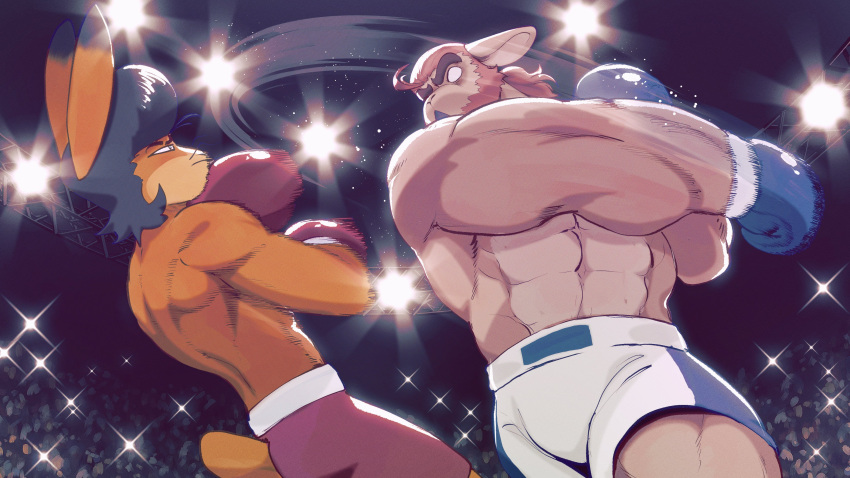 2024 abs absurd_res anthro biped bottomwear boxing boxing_gloves bun_bash clothing duo fight gary_(peculiart) handwear hare hi_res lagomorph leporid male mammal motion_lines muscular muscular_anthro muscular_male niko_(peculiart) peculiart rabbit shorts sport